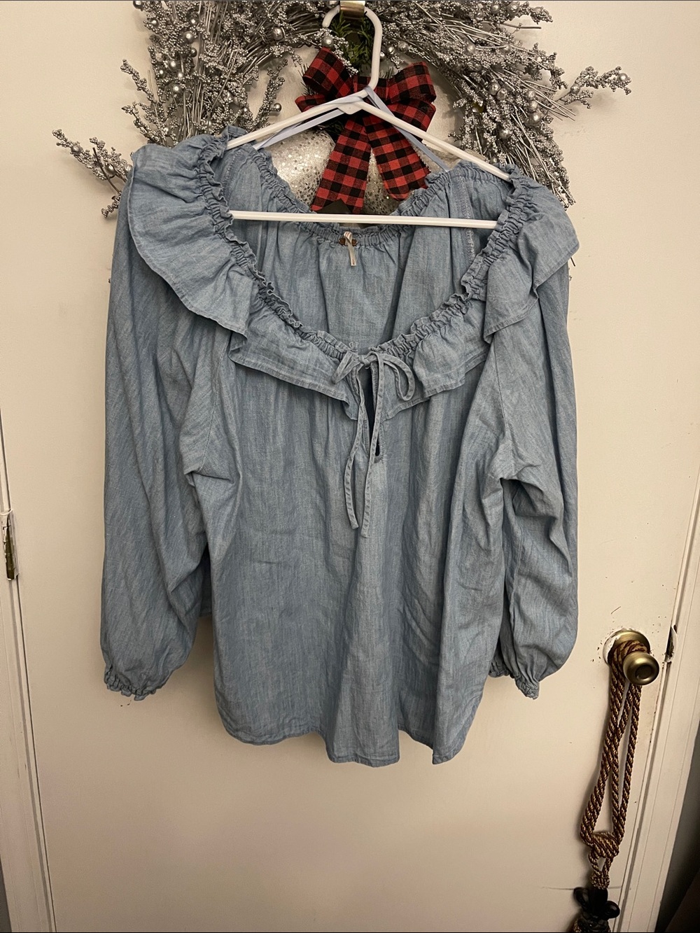 Free People Light Blue Ruffle-Trim Peasant Blouse